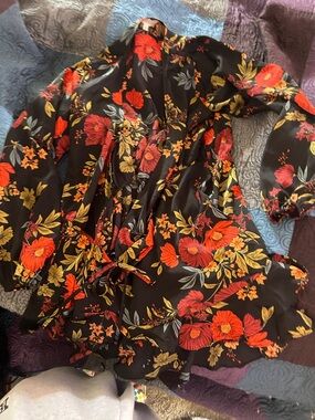 Black Floral Wrap Dress-overcoat-top with Red & Mustard Blooms by SWEET LEMON/L